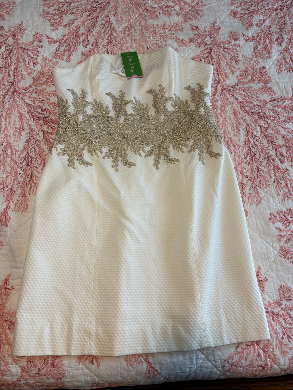 Lilly Pulitzer White Strapless Mini Dress with Gold Embroidery
